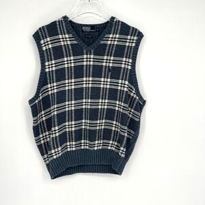 Vtg Ralph Lauren Sweater Vest Men XL Plaid Golf Preppy Blue 90s Academia
